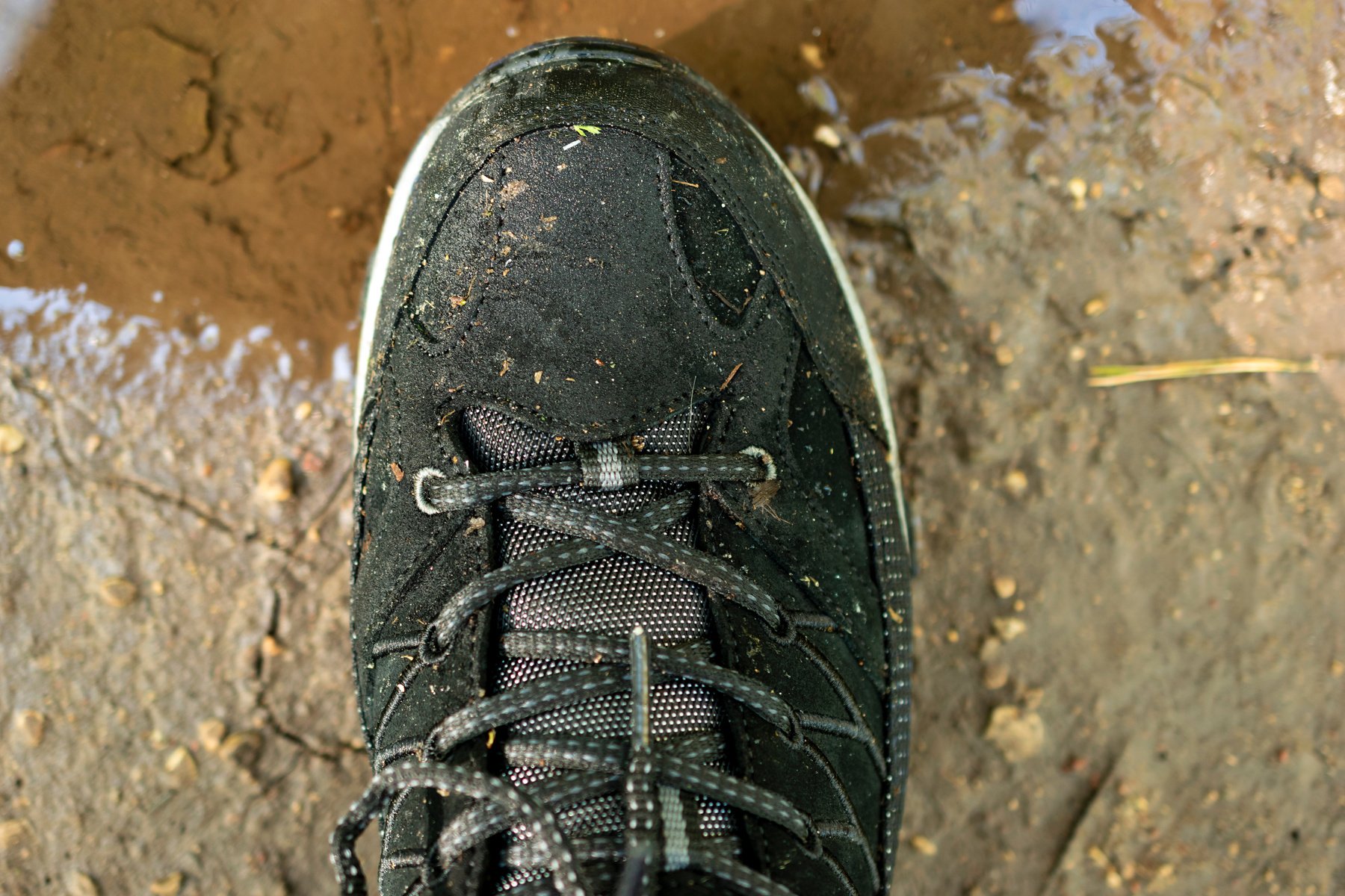 View from above of hiking shoe in the mud.